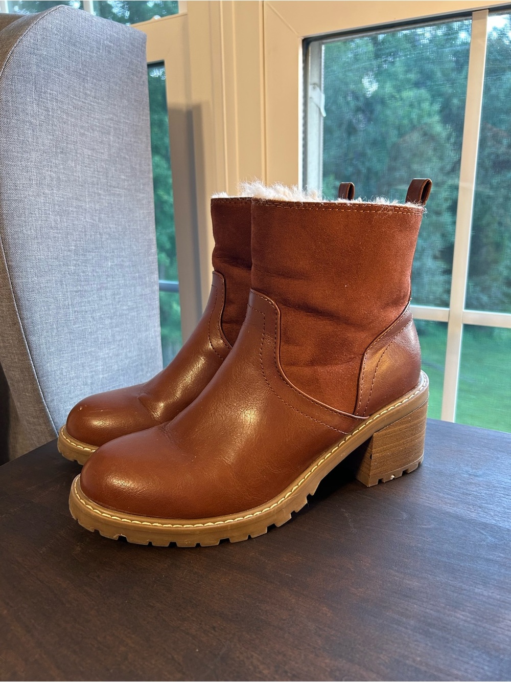 Women's Brown Faux-Suede & Leather Chunky Heel Ankle Boots